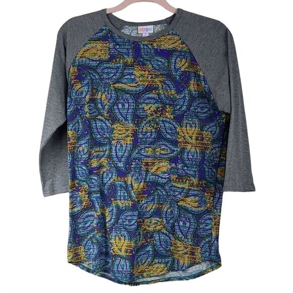 LuLaRoe Randy Tee Unisex Purple Paisley Print Medium Shirt Top Raglan Sleeve - Picture 8 of 8